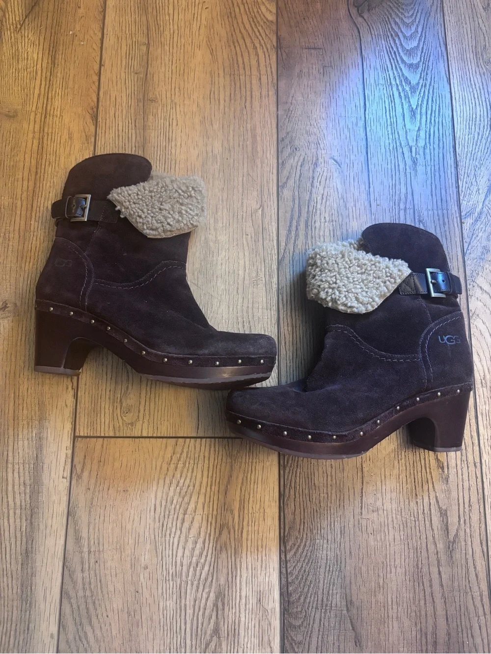 UGG Dark Brown Suede Shearling Cuff Ankle Booties